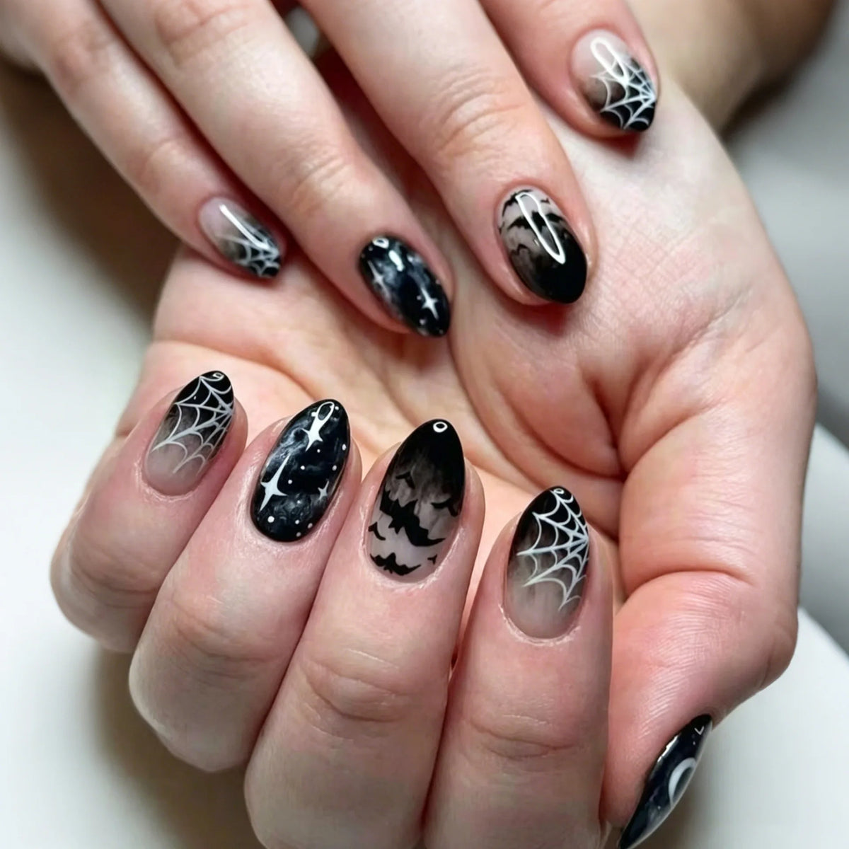 Halloween Blood French Almond Press-On Nails with Spider Web