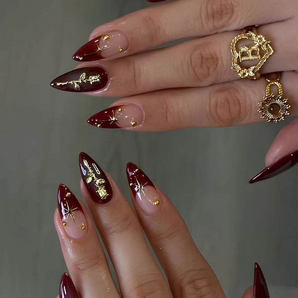 Retro Wine Red Almond Press-On Nails with Gold Bow