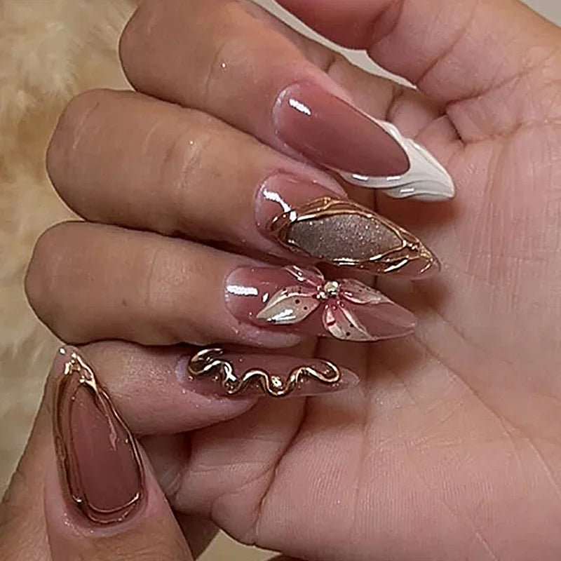 Long White French Stiletto Press-On Nails with Flowers