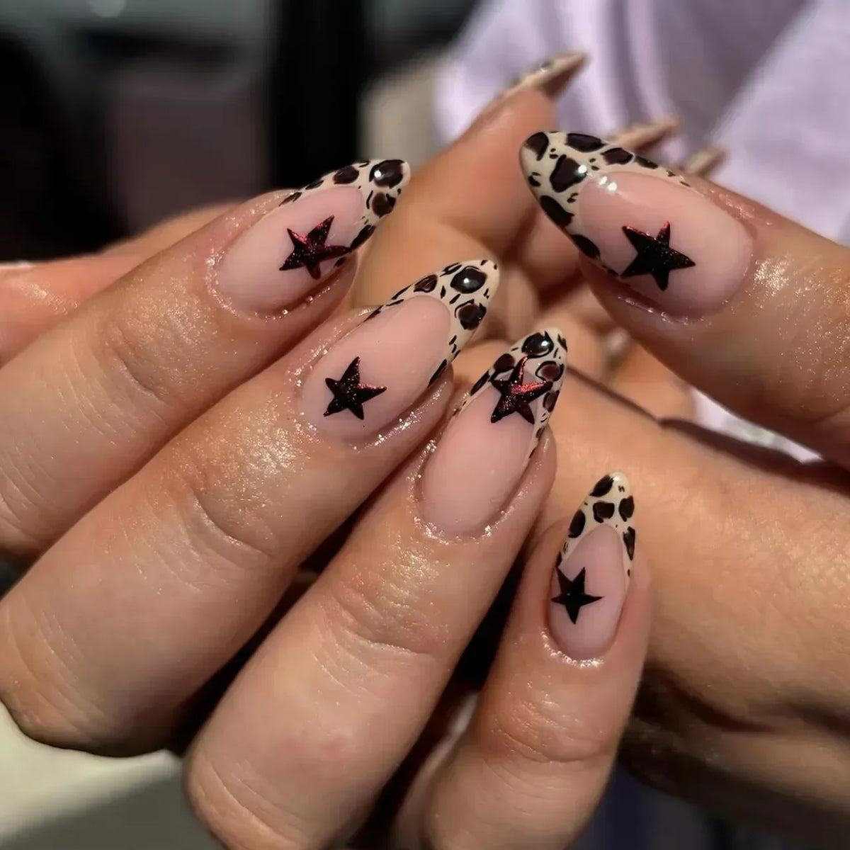 Leopard Print Almond Press-On Nails with Cherry & Star Charms