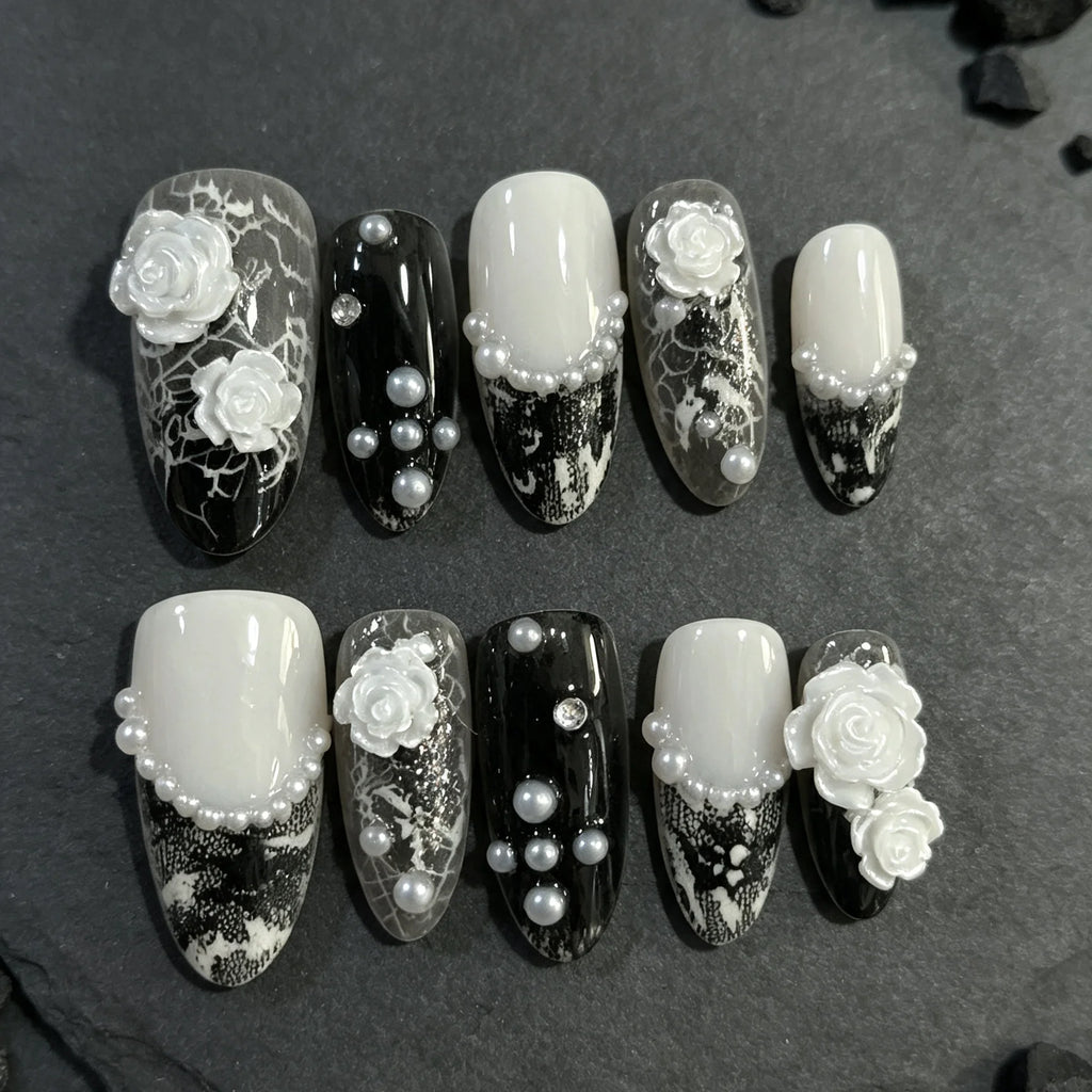 Lace Revenant – White Rose Gothic Almond Press-On Nails