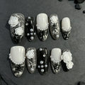 Lace Revenant – White Rose Gothic Almond Press-On Nails