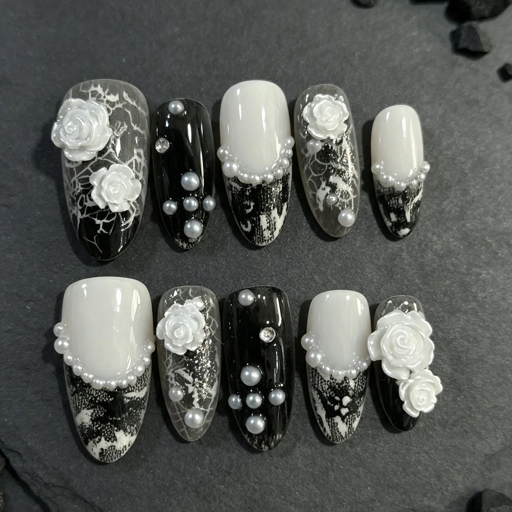 Lace Revenant – White Rose Gothic Almond Press-On Nails