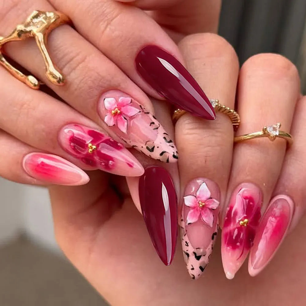 Long White French Stiletto Press-On Nails with Flowers