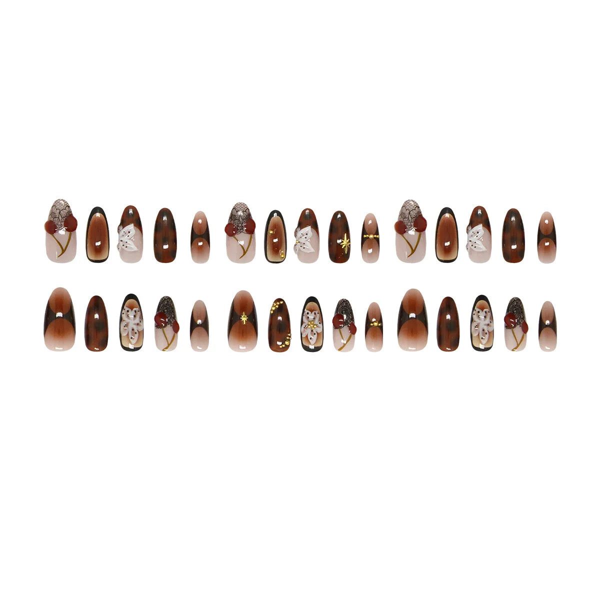 Brown French Almond Press-On Nails with Cherry Flowers