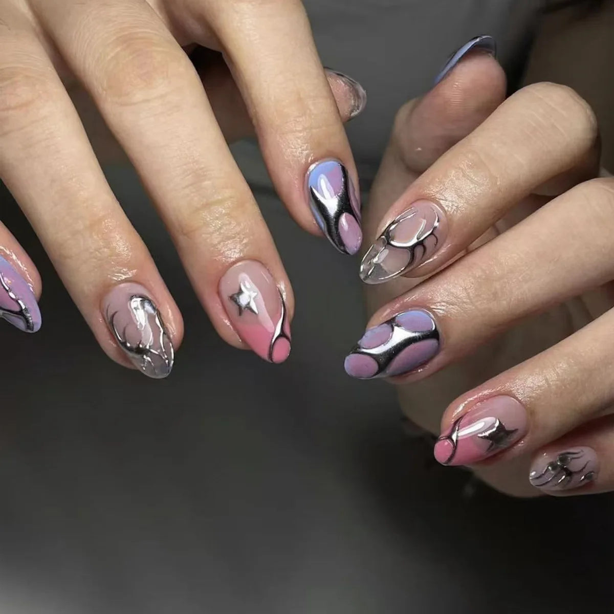 3D Silver French Almond Press-On Nails