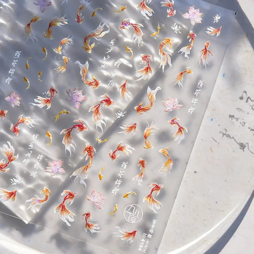 Cute Koi & Lotus Nail Art Stickers - Mermaid Sea Decals
