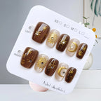Brown Cat Eye Press-On Nails with Rhinestones