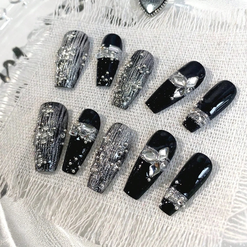 Silver Veil – Striped Coffin Press-On Nails
