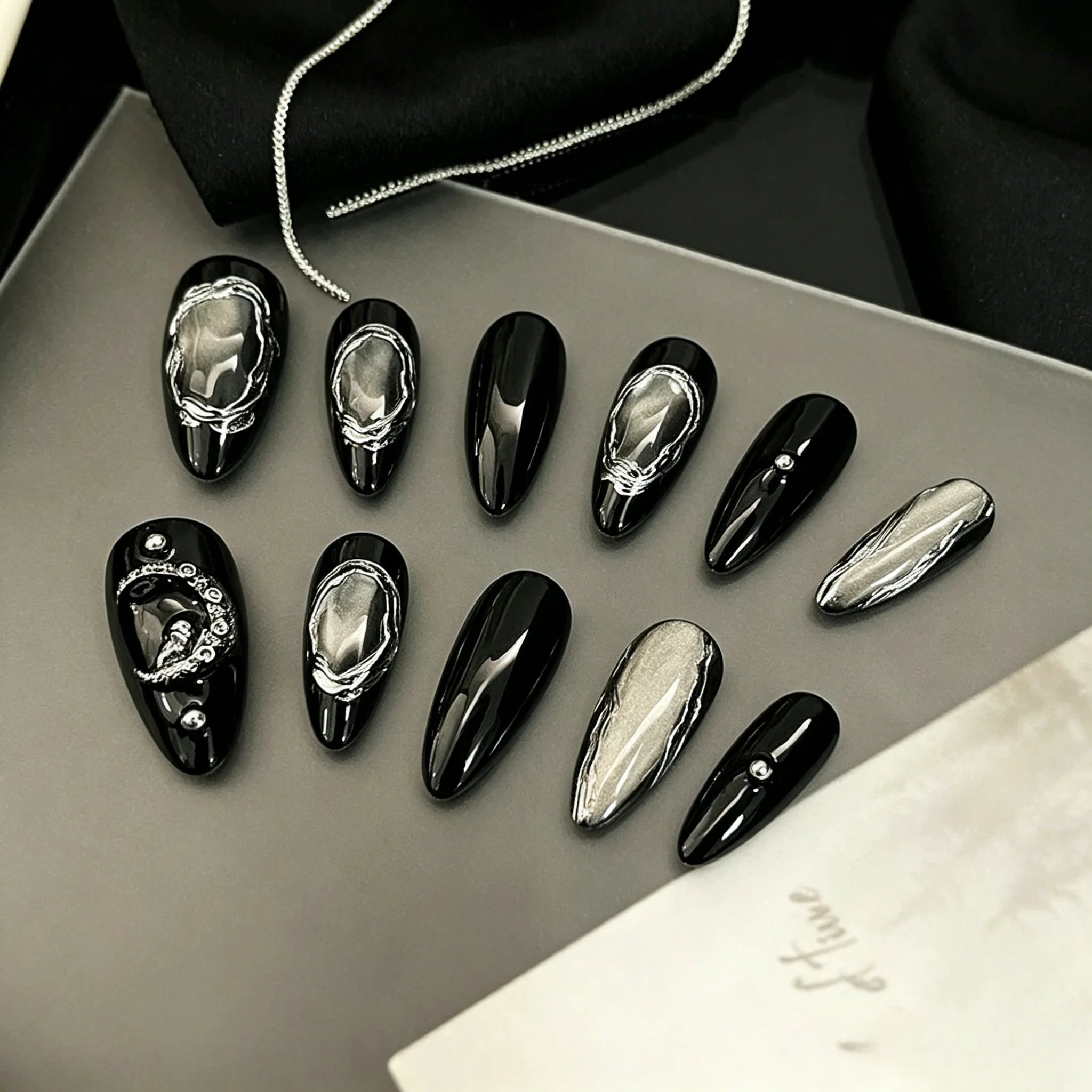 Mirror Hex – Black Silver Chrome Almond Press-On Nails