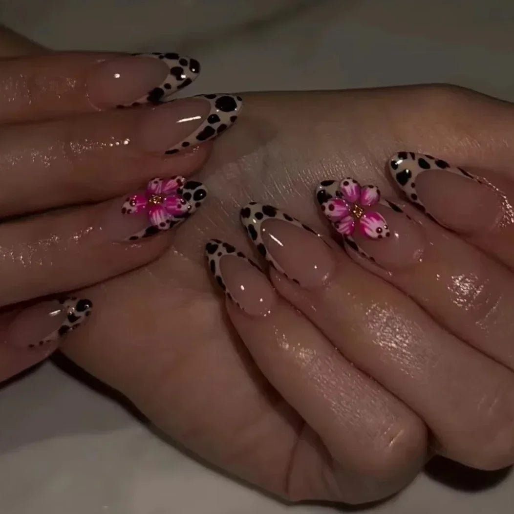 Leopard Print Almond Press-On Nails with Cherry & Star Charms
