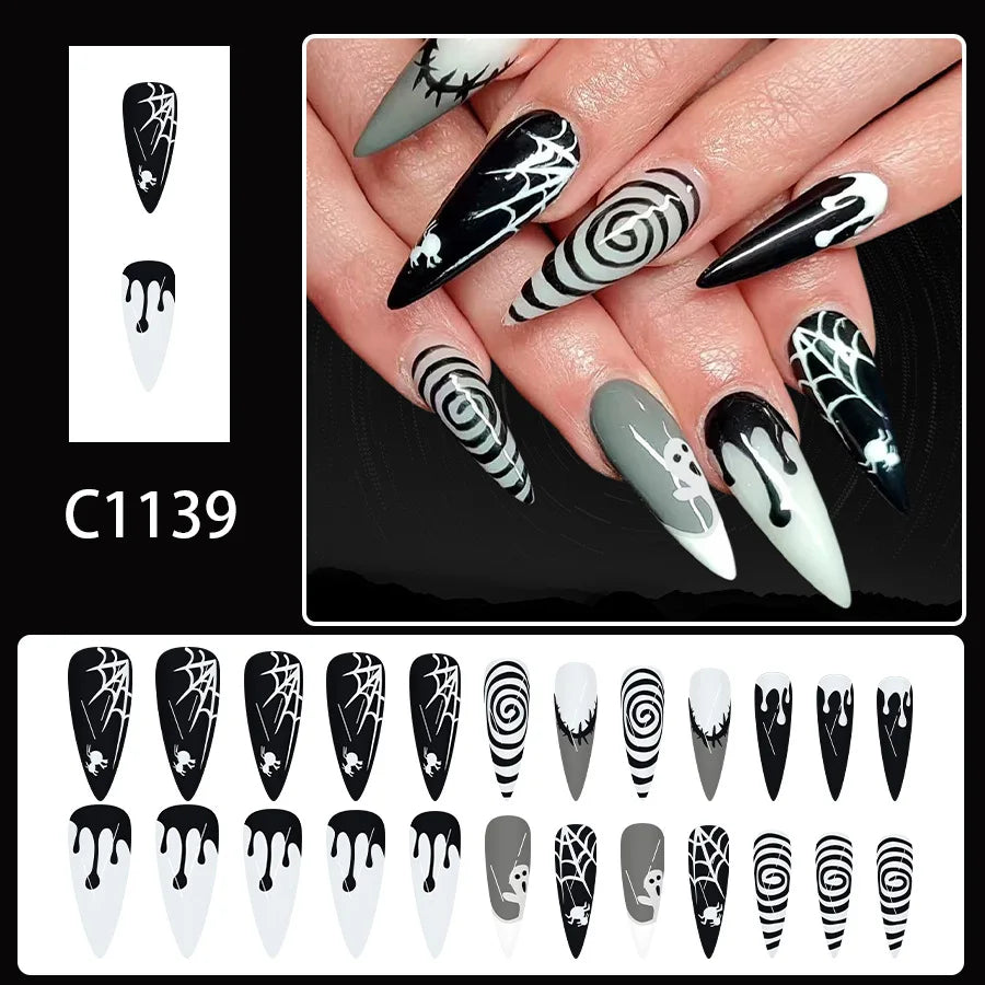 Halloween Spider Web Dark Red Almond Press-On Nails