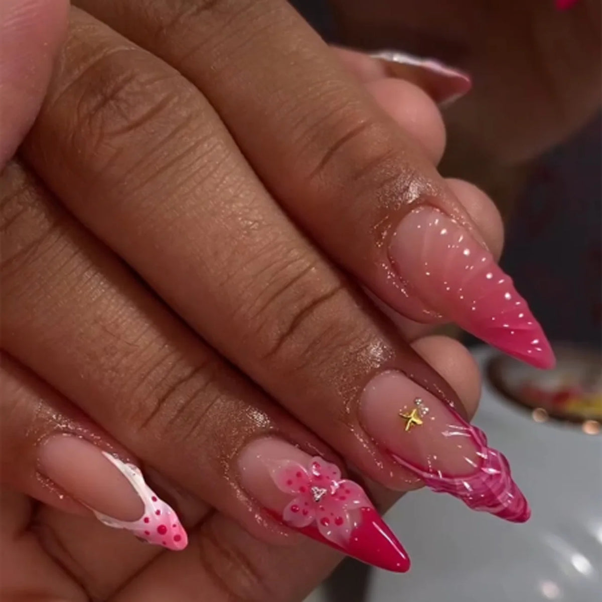 Long White French Stiletto Press-On Nails with Flowers