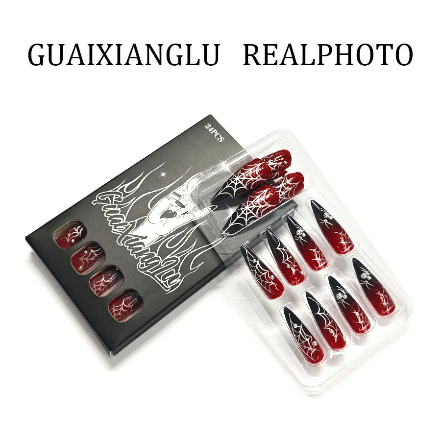 Halloween Spider Web Dark Red Almond Press-On Nails