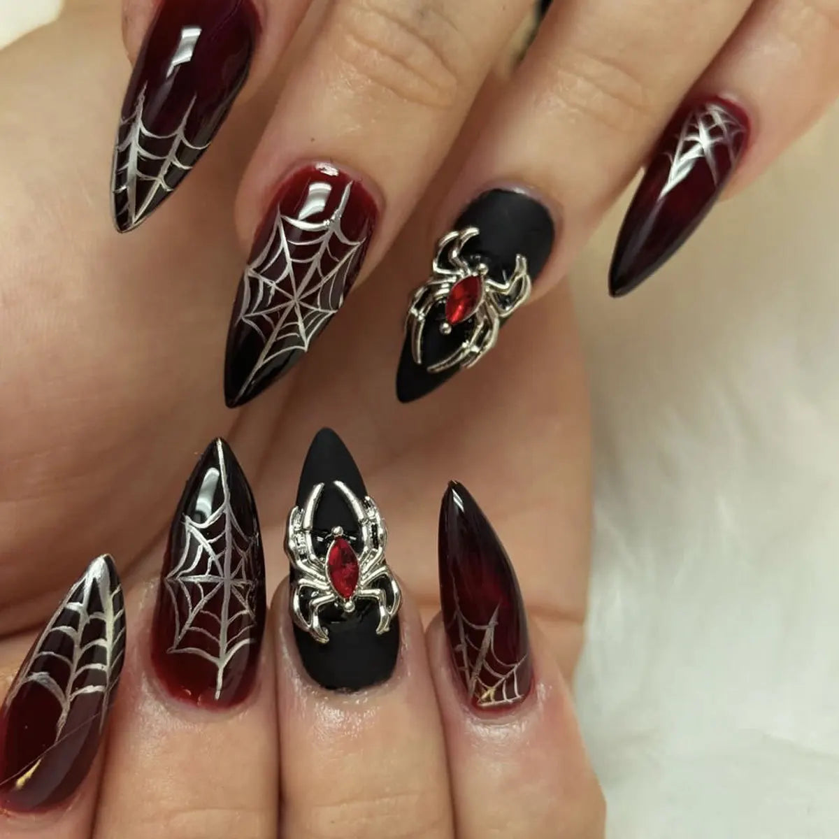 Silver Spider Gothic Punk Almond Press-On Nails