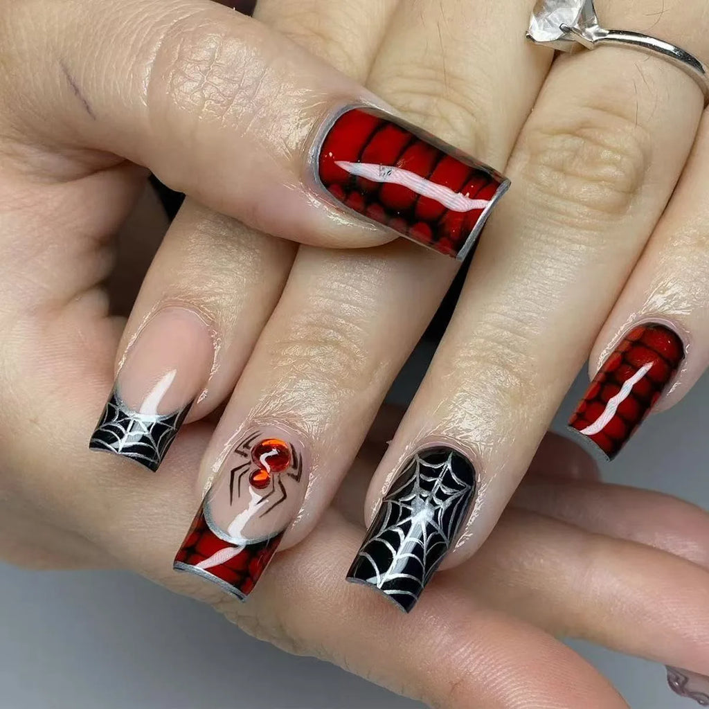 Silver Spider Gothic Punk Almond Press-On Nails
