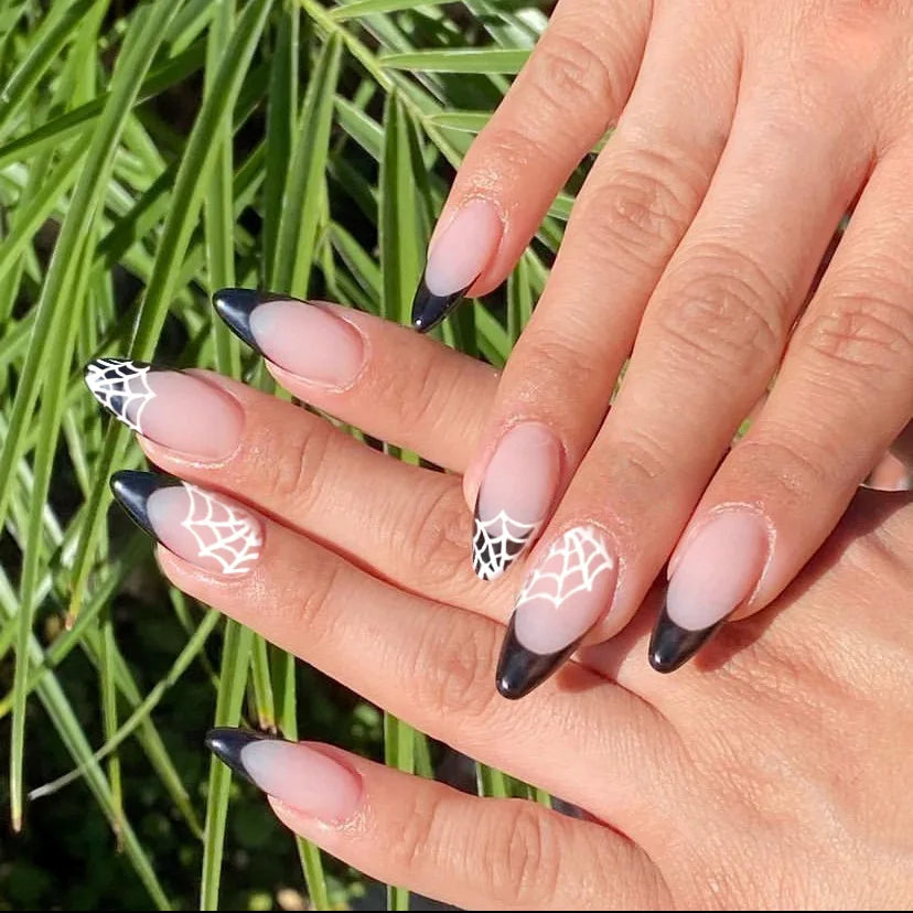 Halloween Blood French Almond Press-On Nails with Spider Web