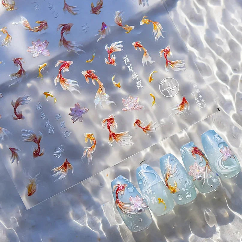Cute Koi & Lotus Nail Art Stickers - Mermaid Sea Decals