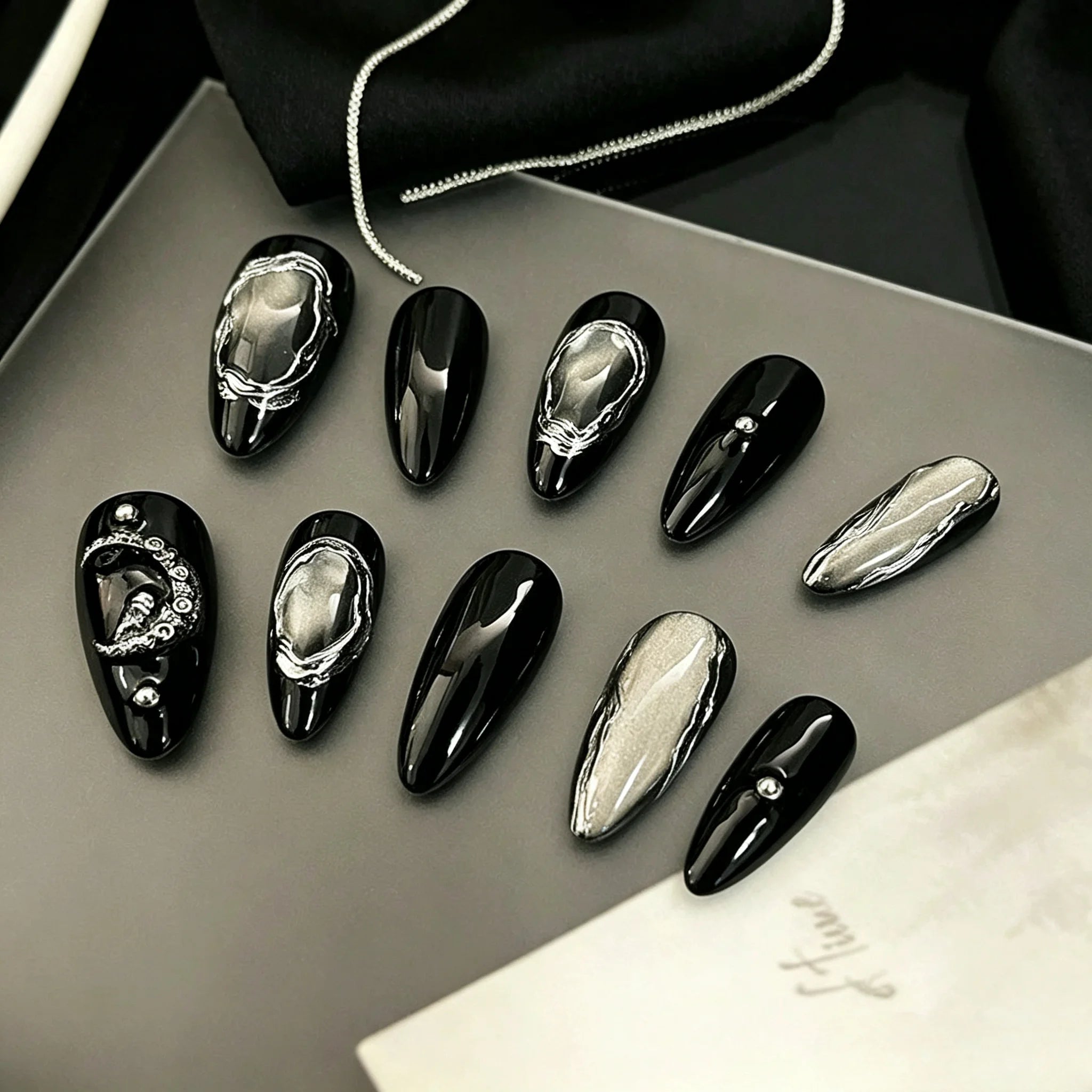 Mirror Hex – Black Silver Chrome Almond Press-On Nails