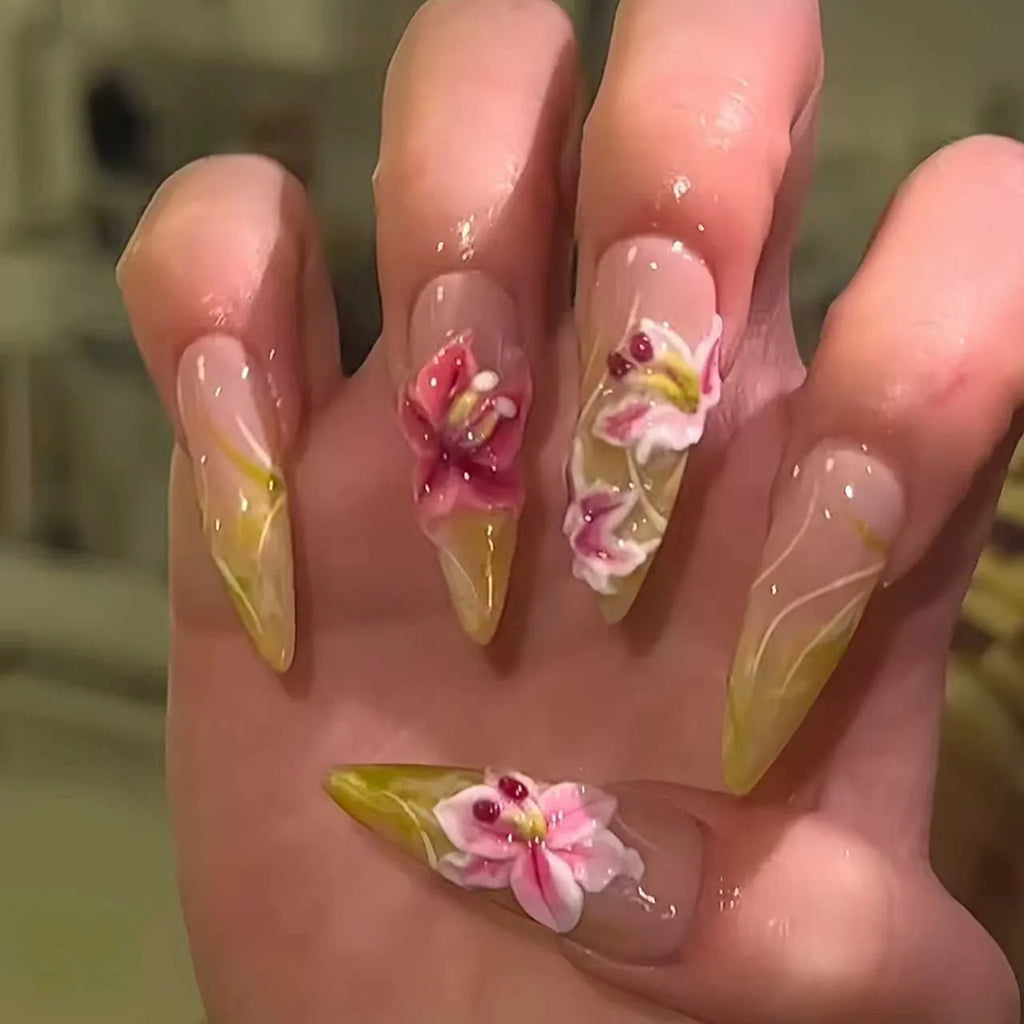 Long White French Stiletto Press-On Nails with Flowers
