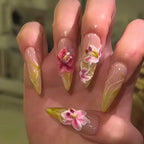 Long White French Stiletto Press-On Nails with Flowers