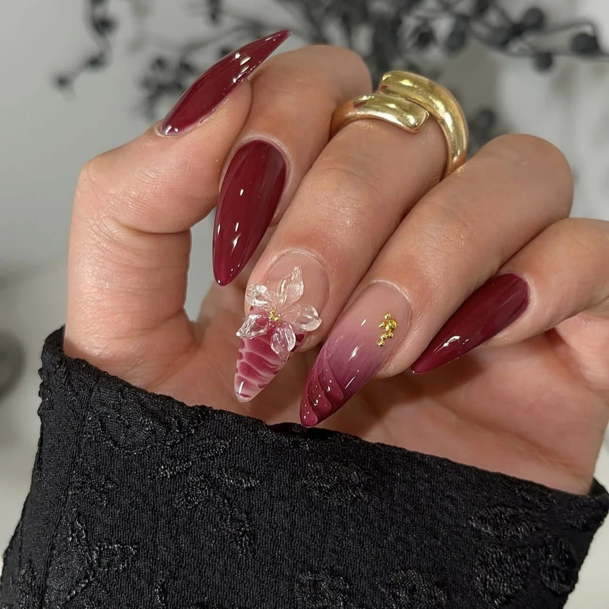 Long White French Stiletto Press-On Nails with Flowers